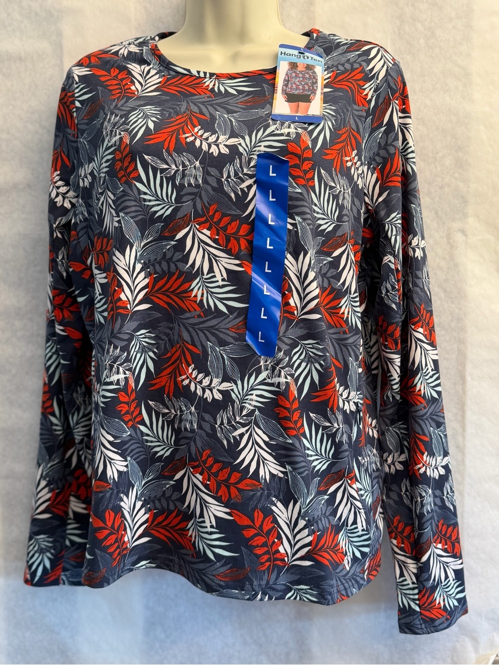 Tropical Leaf Print‎ Long Sleeve Sun Tee UPF50- Navy, Red & White NWT Sz-L. FF8